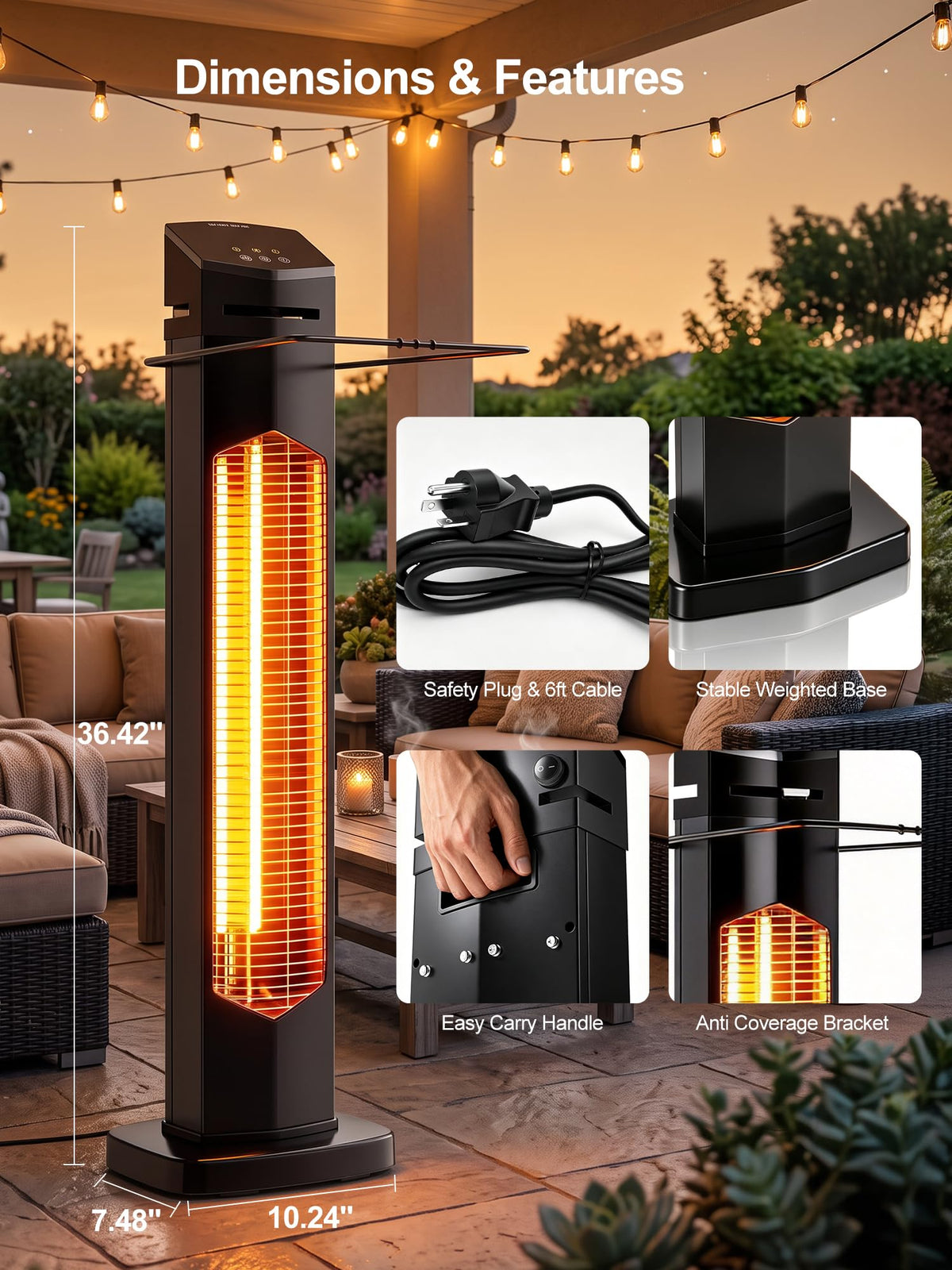 Outdoor Heaters for Patio, 1500W Electric Infrared Heater with Remote, IP65 Waterproof, 12H Timer, Tip-Over&Overheat