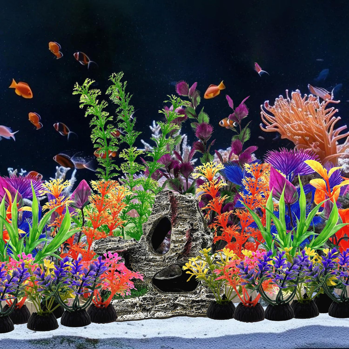 25 PCS Aquarium Plants & Rock Cave Decorations Set – Colorful Fish Tank Plastic Plants Ornaments with Resin Rock