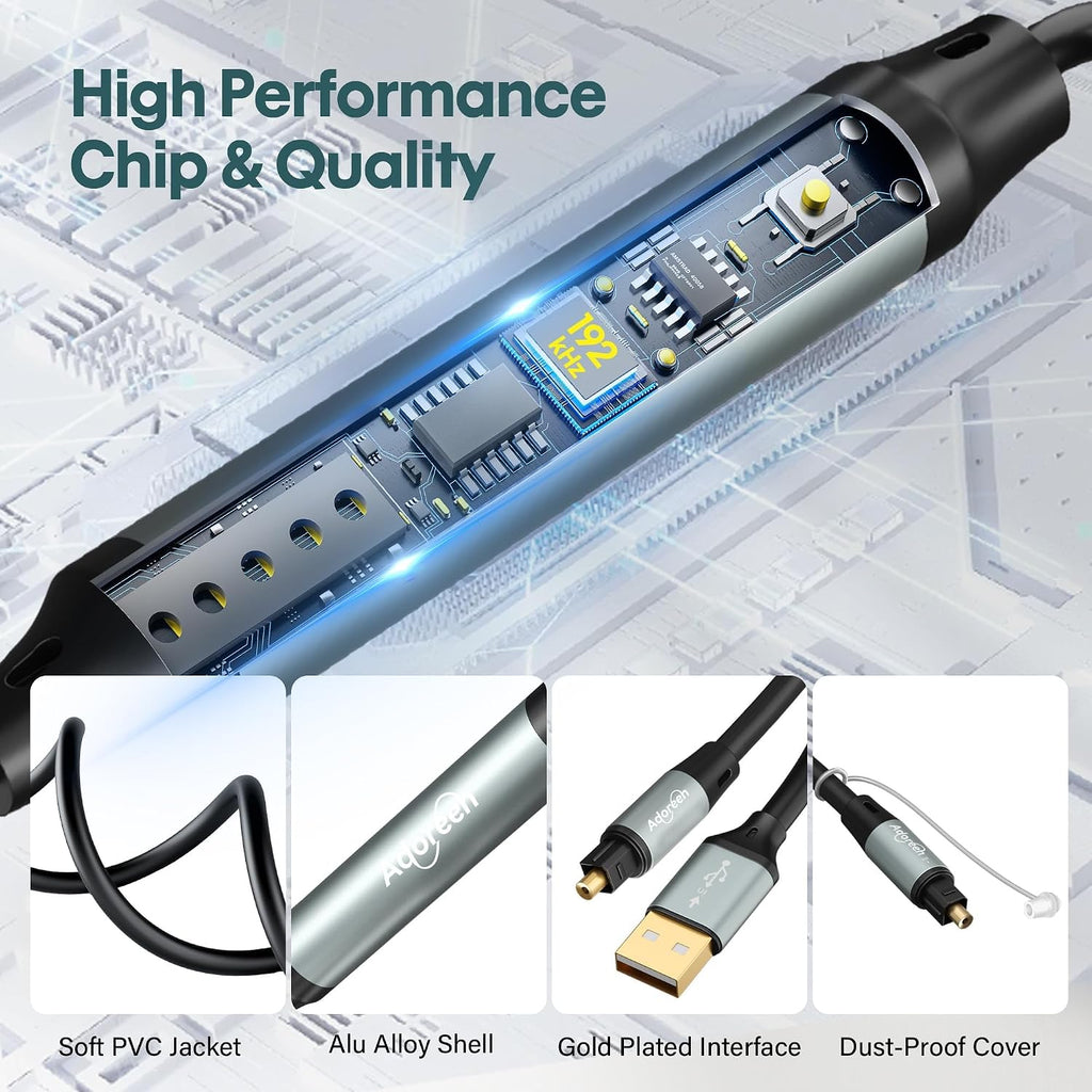 192KHz DAC Unidirectional Optical to 3.5mm AUX Audio Converter Cable 8 Ft, Toslink SPDIF Digital Fiber Optic to