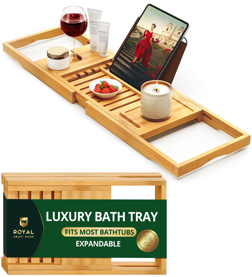 Premium Foldable Bathtub Tray Caddy - Wood Bath Tray for Tub, Bamboo Shelf, Expandable Bath Table Trays, Bathtub &
