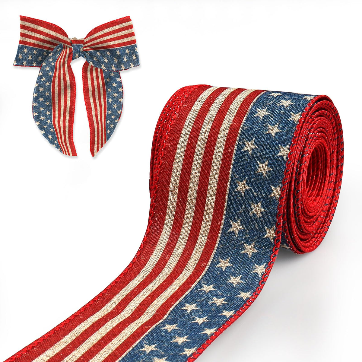 4th of July Ribbon Patriotic Wired Ribbons for Crafts Wrapping Wreath Bows Red White Blue Ribbon Vintage American