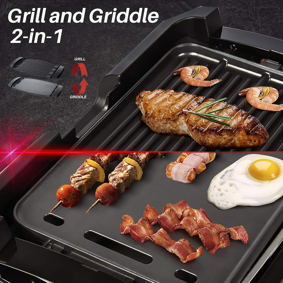 Smokeless Indoor Grill 1800-Watt Electric Griddle with Reversible 2 in 1 Grill and Griddle Plates Plate, Glass Lid