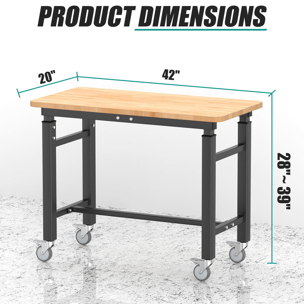 Workbench with Wheels, Adjustable Height Work Table, 42“ x 20”