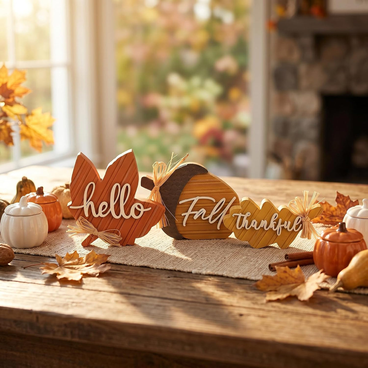 Fall Decorations for Home, 3Pcs Wooden Fall Decor with Maple Leaf Oak Leaf and Acorn for Indoor Table Decor, Rustic
