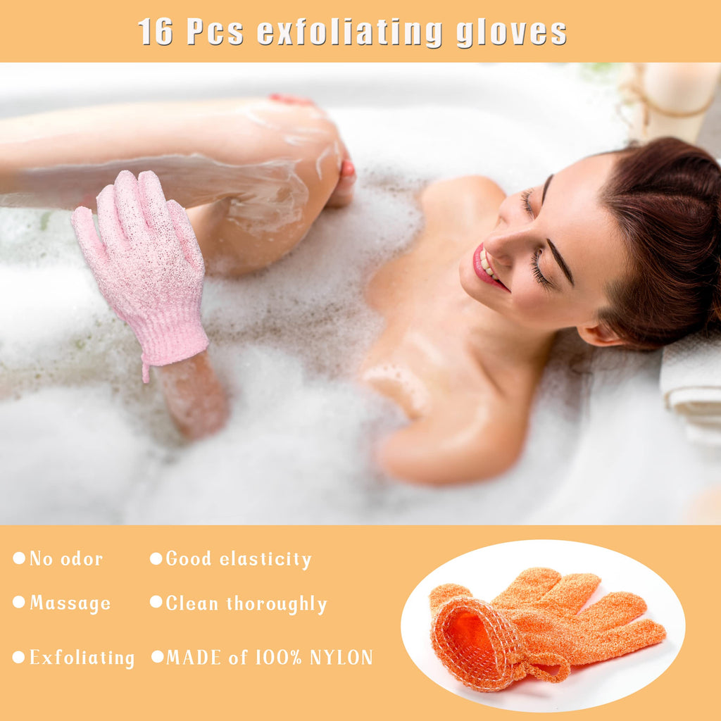 Bath Gloves 16 Pcs Exfoliating with Hanging Loop, 8 Colors