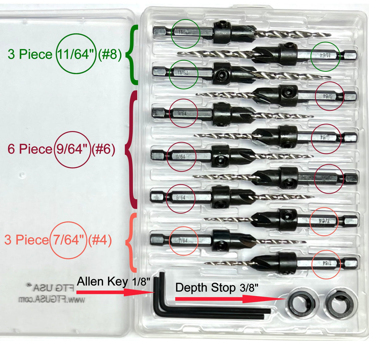FTG USA Countersink Drill Bit Set 3 Pc #4, 6 Pc #6, 3 Pc #8, Tapered Bits