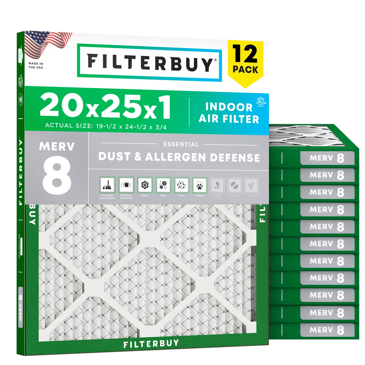 20x25x1 Air Filter MERV 8 Dust & Allergy Defense (12-Pack)