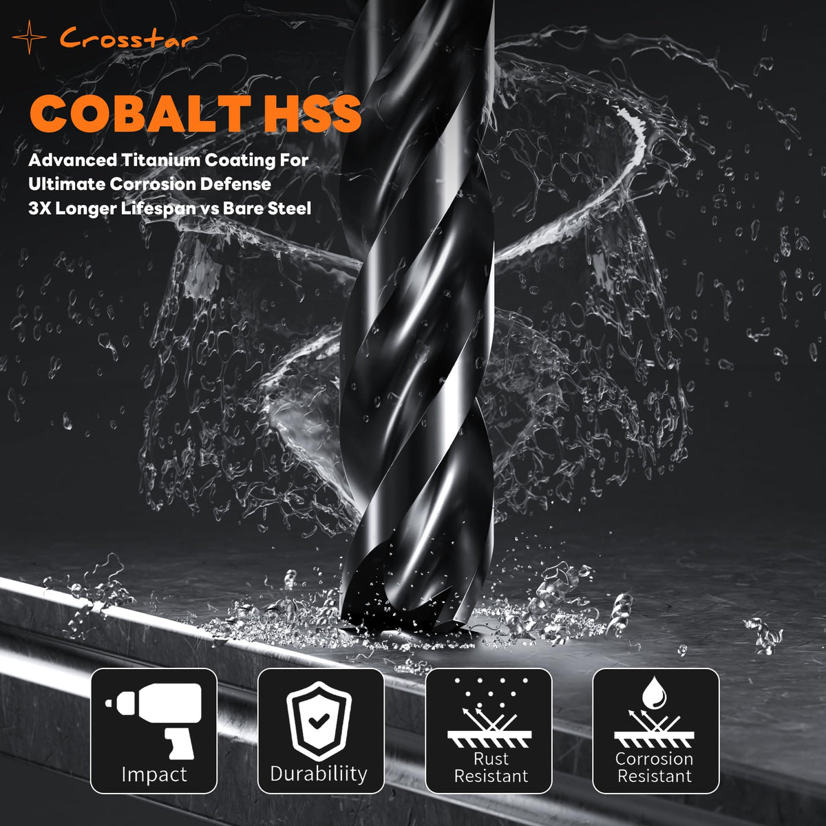 Crosstar M35 Cobalt Drill Bit Set,Three-Flute Design,3/8",5 Pack