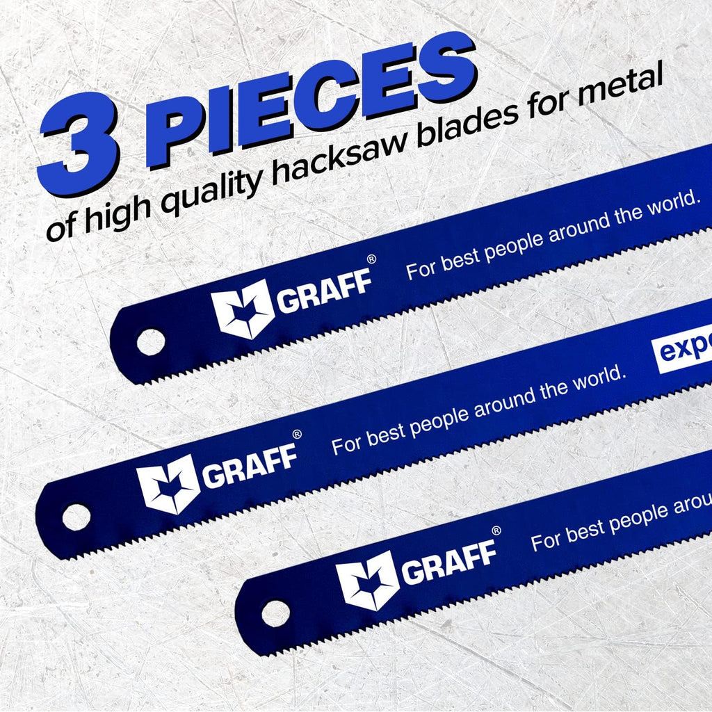 GRAFF 8% Cobalt Premium Hacksaw Blades 12 Inch for Stainless Steel and Metal Cutting 24 tpi - Handsaw Blades Replacement Bi-Metal