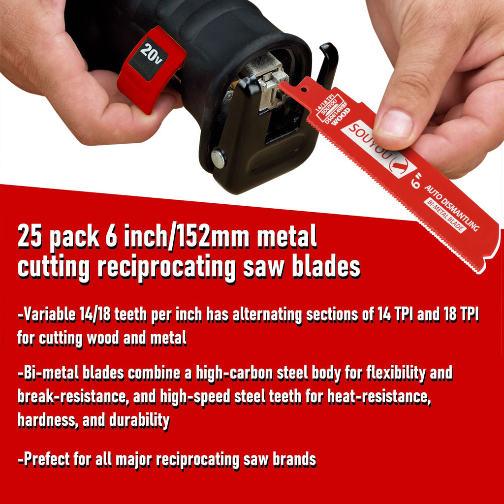 25 Pack 6 in 14/18 TPI Bi-Metal Reciprocating Saw Blades with Organizer Carbide Alloy Steel for Automobile Dismantling Metal Steel Cutting Non-Stick Coated for Less Heat for 1/16-5/16 Medium Metals
