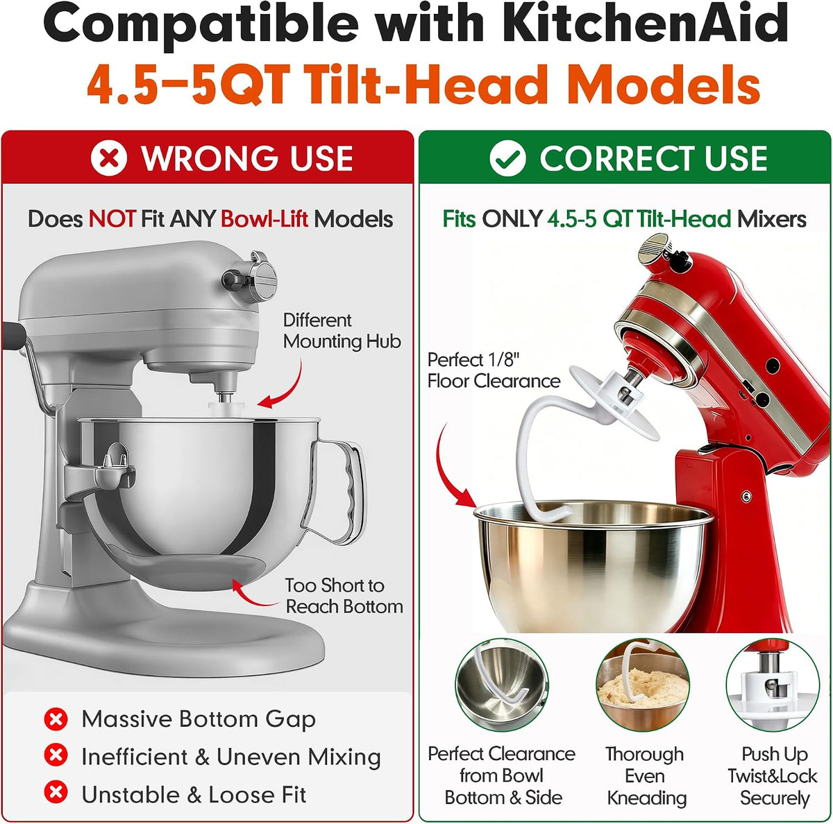 K45DH Coated C Dough Hook for KitchenAid 4.5-5Qt Tilt-Head Stand Mixers | Fits K45 K45SS KSM90 KSM150, Dishwasher