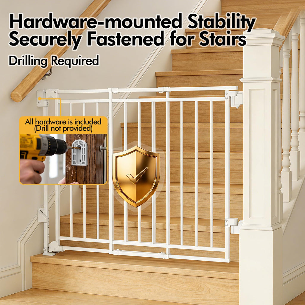 39" H x 26.4-43" W Extra-Tall Adjustable Hardware/Pressure-Mounted Pet & Child Safety Gate with Dual-Lock Walk-Through Swing Door for Stairs, Hallways & Wide Doorways — White