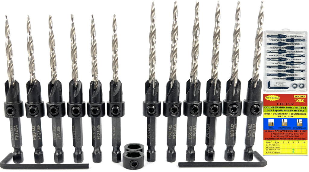 FTG USA Countersink Drill Bit Set 6 Pc #8, 6 Pc #10, Tapered Drill Bits