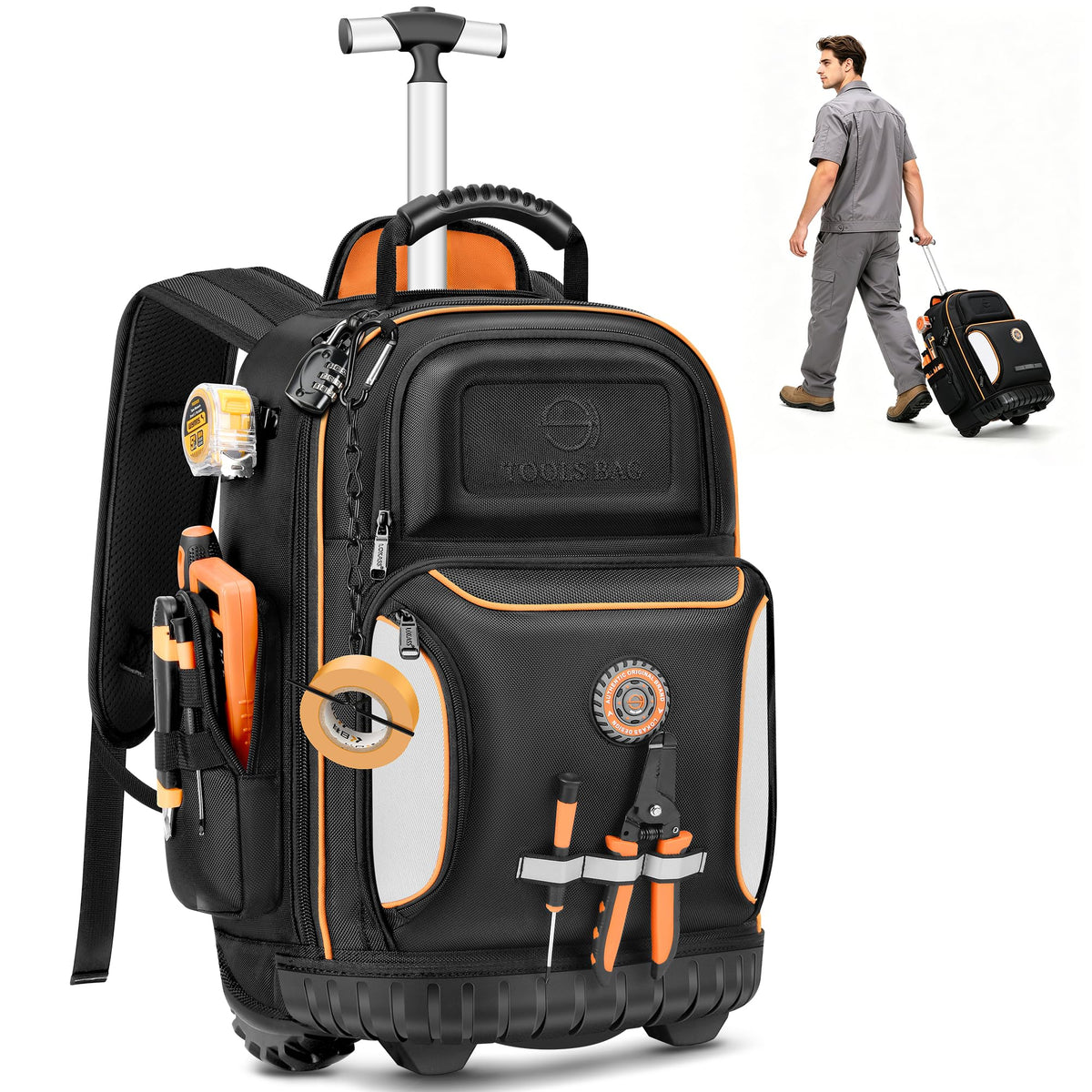 16" Rolling Tool Backpack with Wheels, 75 Pockets Electrician Tool Bag for Construction HVAC, 1680D Waterproof