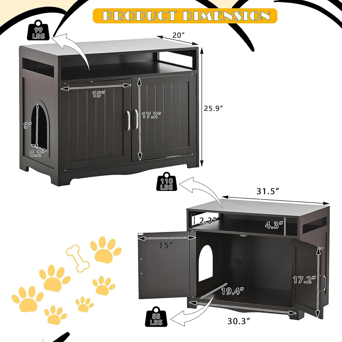 Cat Litter Box Enclosure, Large Wooden, Espresso