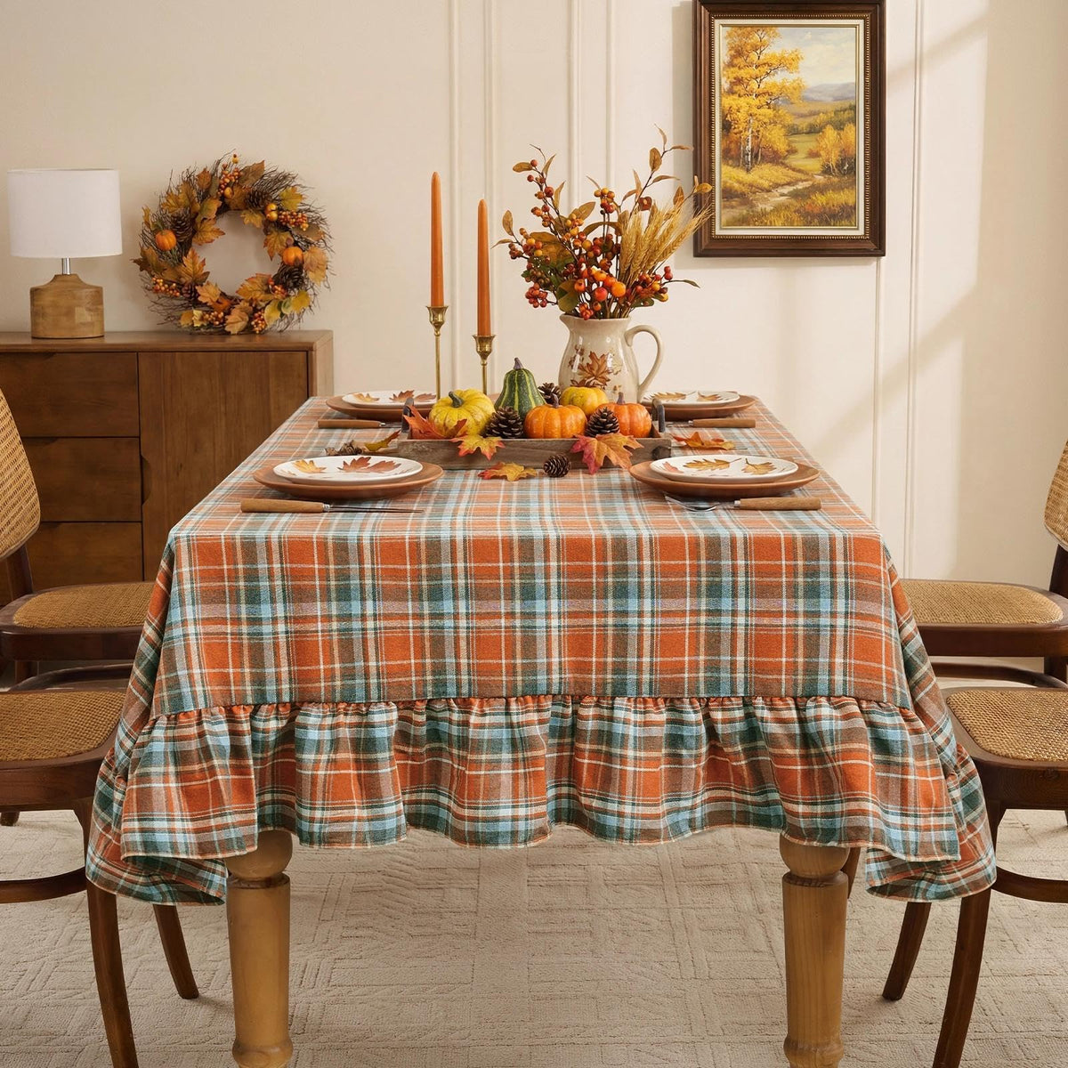 Thanksgiving Plaid Ruffled Tablecloth Rectangle 60x120 Inch Rust