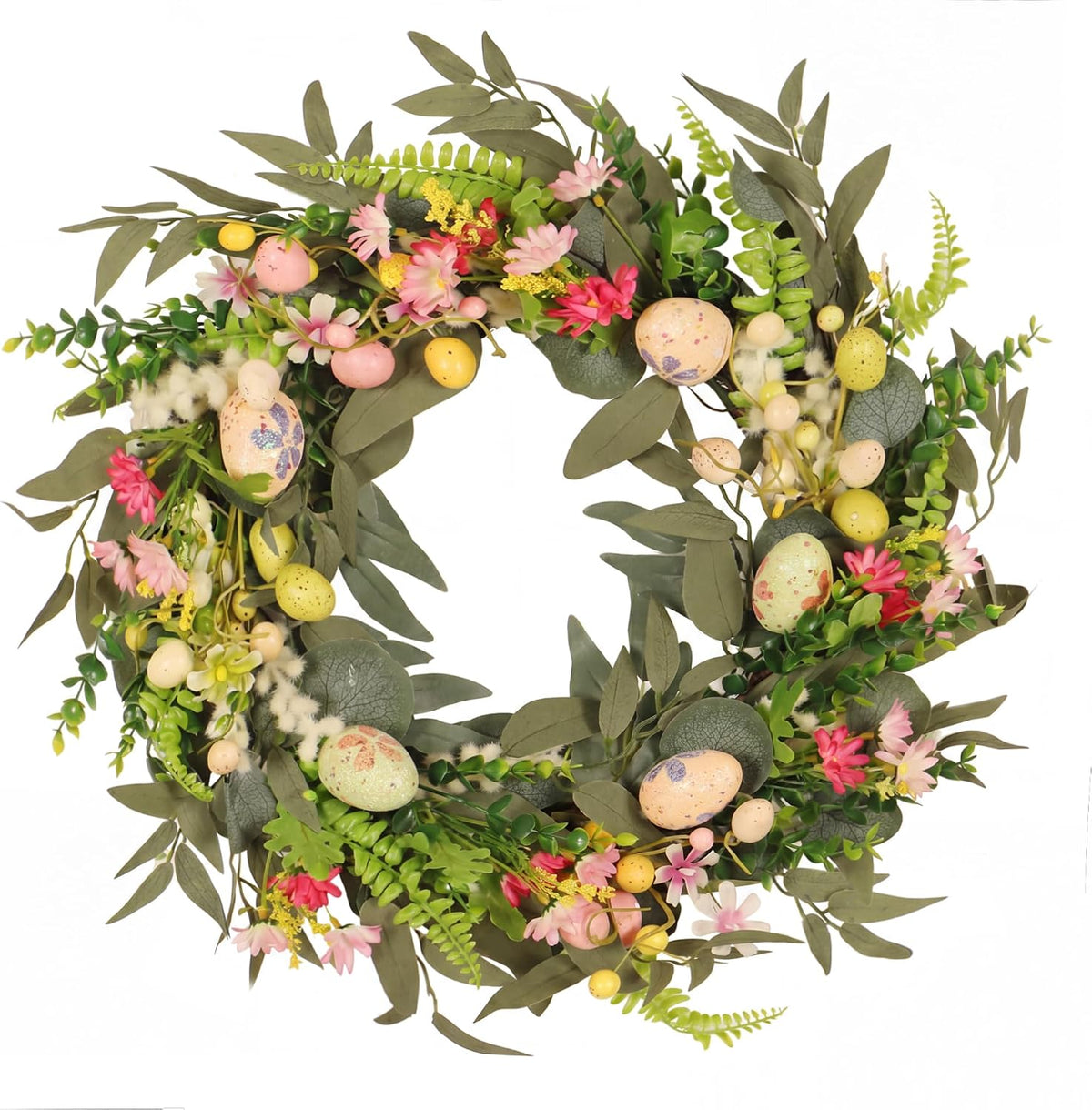20" Easter Wreath for Front Door Decoration, Artificial Spring Wreath with Flowers and Colorful Easter Eggs, Easter