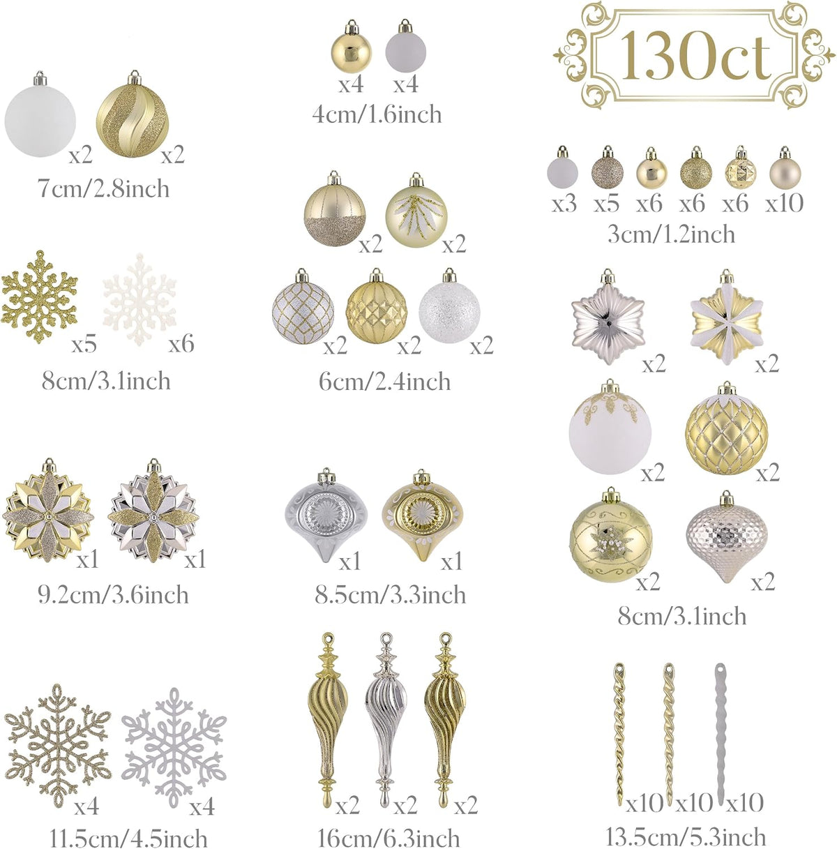 Christmas Tree Ornaments, 130ct White and Gold Shatterproof Christmas Tree Decorations, Elegant Hanging Ball