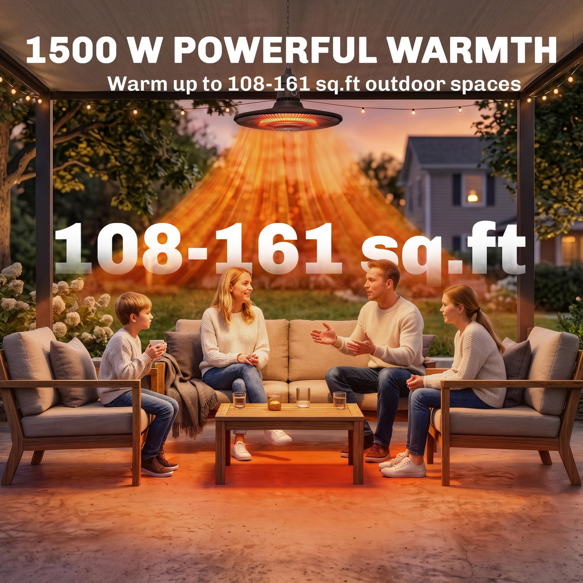 1500W Electric Hanging Patio Heater with Carbon Fiber Tube, Black