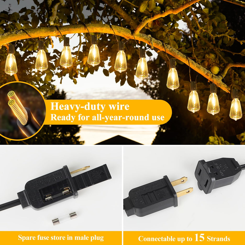 100FT Outdoor String Lights 52 Bulbs, Waterproof Patio Lights