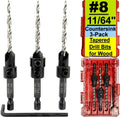 FTG USA 3-Pk #8 (11/64") Countersink Drill Bit Set, 1 Stop, 1 Wrench & Case