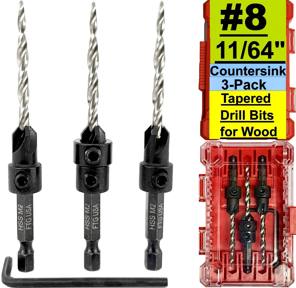 FTG USA 3-Pk #8 (11/64") Countersink Drill Bit Set, 1 Stop, 1 Wrench & Case