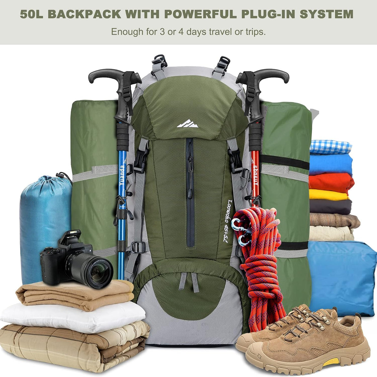 50L Hiking Backpack, Waterproof Camping Essentials Bag with Rain Cover, 45+5 Liter Lightweight Backpacking Back Pack