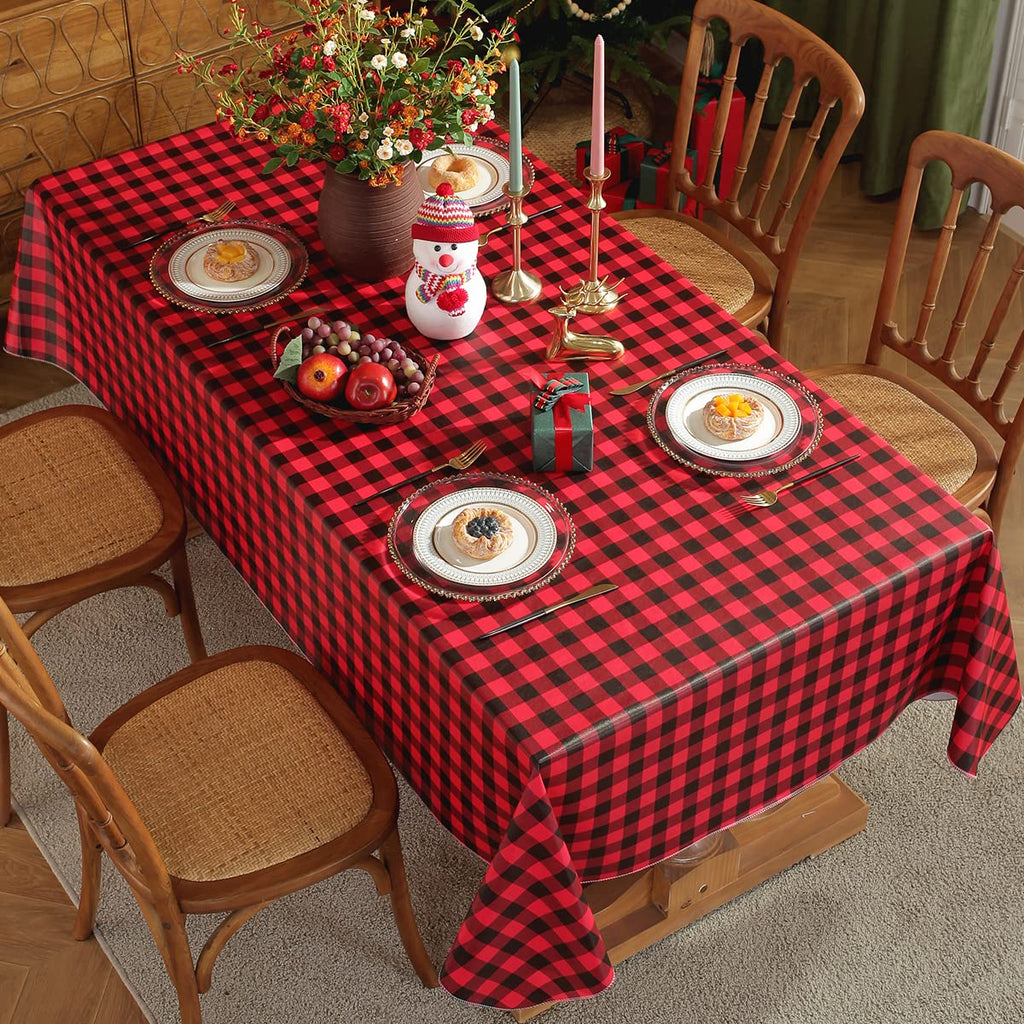 Buffalo Plaid Vinyl Christmas Tablecloth Rectangle 52 x 70 Inch With Flannel Backing, Waterproof & Anti-Slip Table
