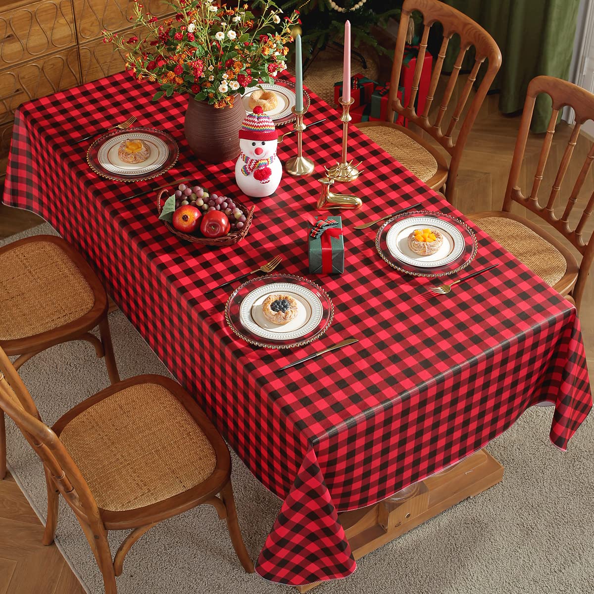 Buffalo Plaid Vinyl Christmas Tablecloth Rectangle 52 x 70 Inch With Flannel Backing, Waterproof & Anti-Slip Table
