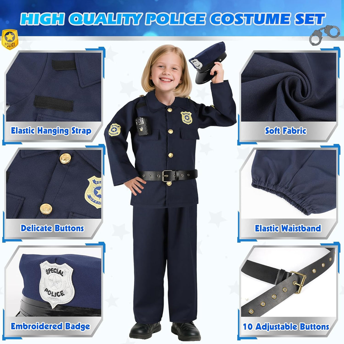 Police Costume for Kids 3-8, Cop Pretend Play Toys for Dress Up