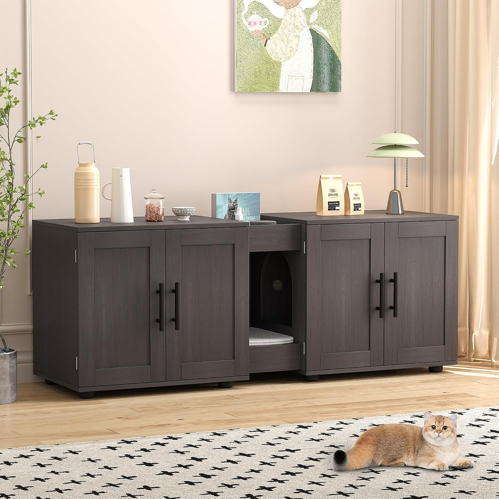 Cat Litter Box Enclosure with Double Room, Walnut