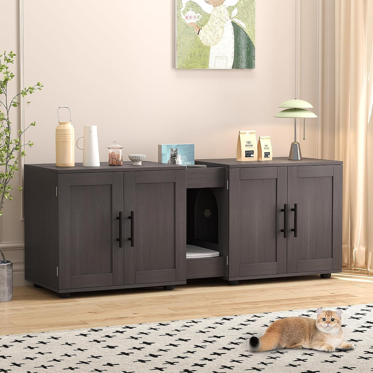 Cat Litter Box Enclosure with Double Room, Walnut