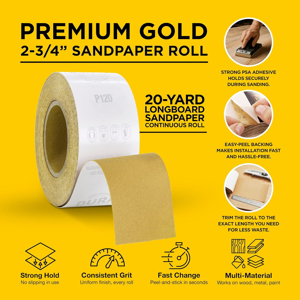 Dura-Gold Gold PSA Longboard Sandpaper, 120 Grit, 20 Yard Roll, 2-3/4" Wide