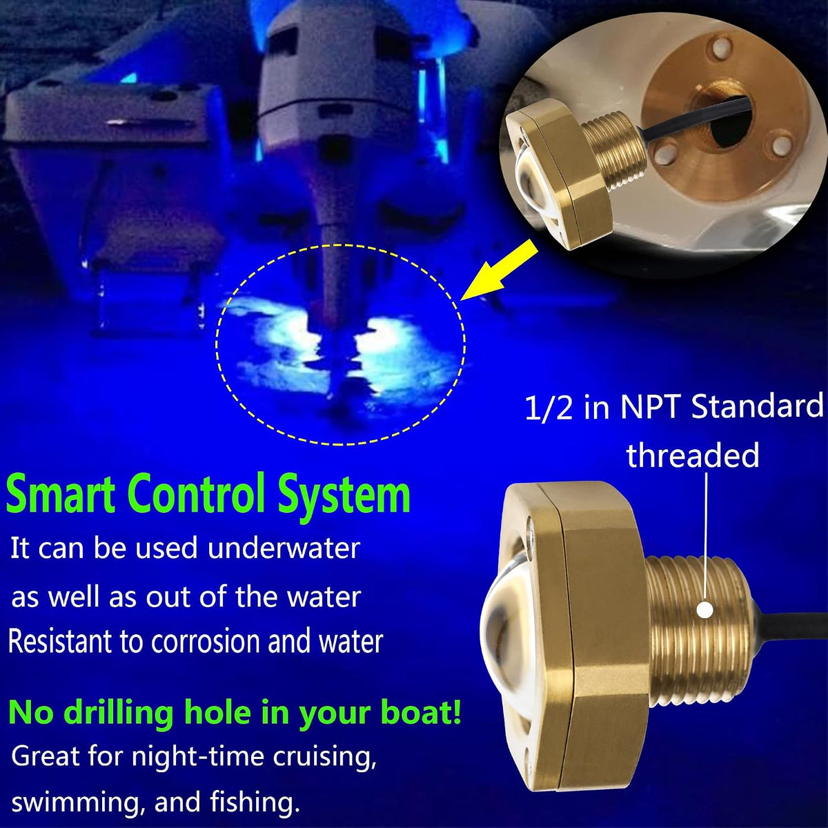 Standard 1/2in NPT Boat Drain Plug Light IP68 Waterproof RGBW Underwater Boat Trailer Light with APP RF Remote Control for Fishing Swimming Divinng, Anti-corrosion,Smart Cooling System