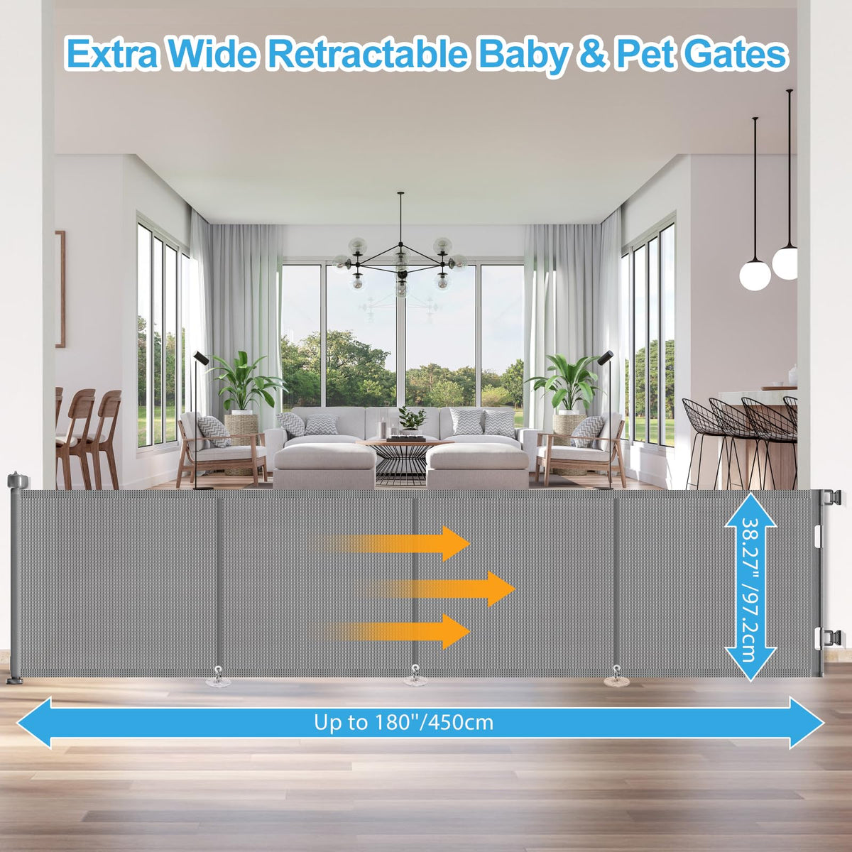 180" x 41" Extra-Wide Retractable Indoor Mesh Pet & Child Safety Gate with One-Hand Safety Lock for Wide Openings, Patios & Stairways