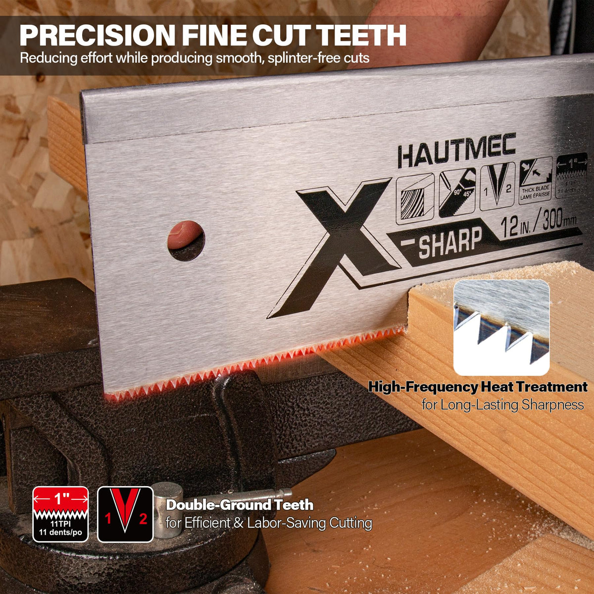 HAUTMEC 12" Dovetail Saw, 11 TPI Fine-Cut Tenon Back Saw with Hardened Double-Ground Teeth, 65Mn Steel Blade, Reinforced Steel Spine & Ergonomic Handle for Precision Woodworking (HTHDM25037)