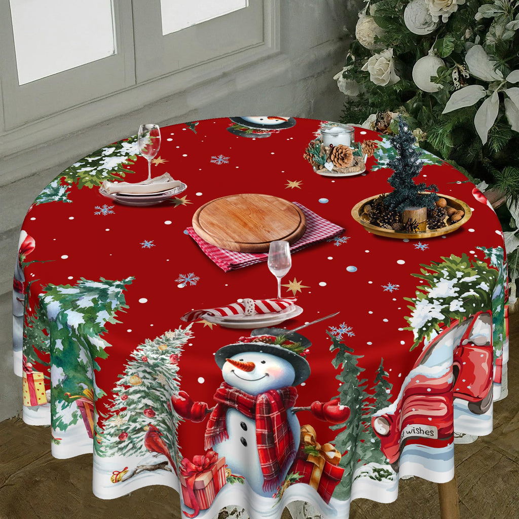 Christmas Round Tablecloth 60 Inch, Christmas Decorations for Home Snowmen Red Table Cloth for Round Festival, Xmas