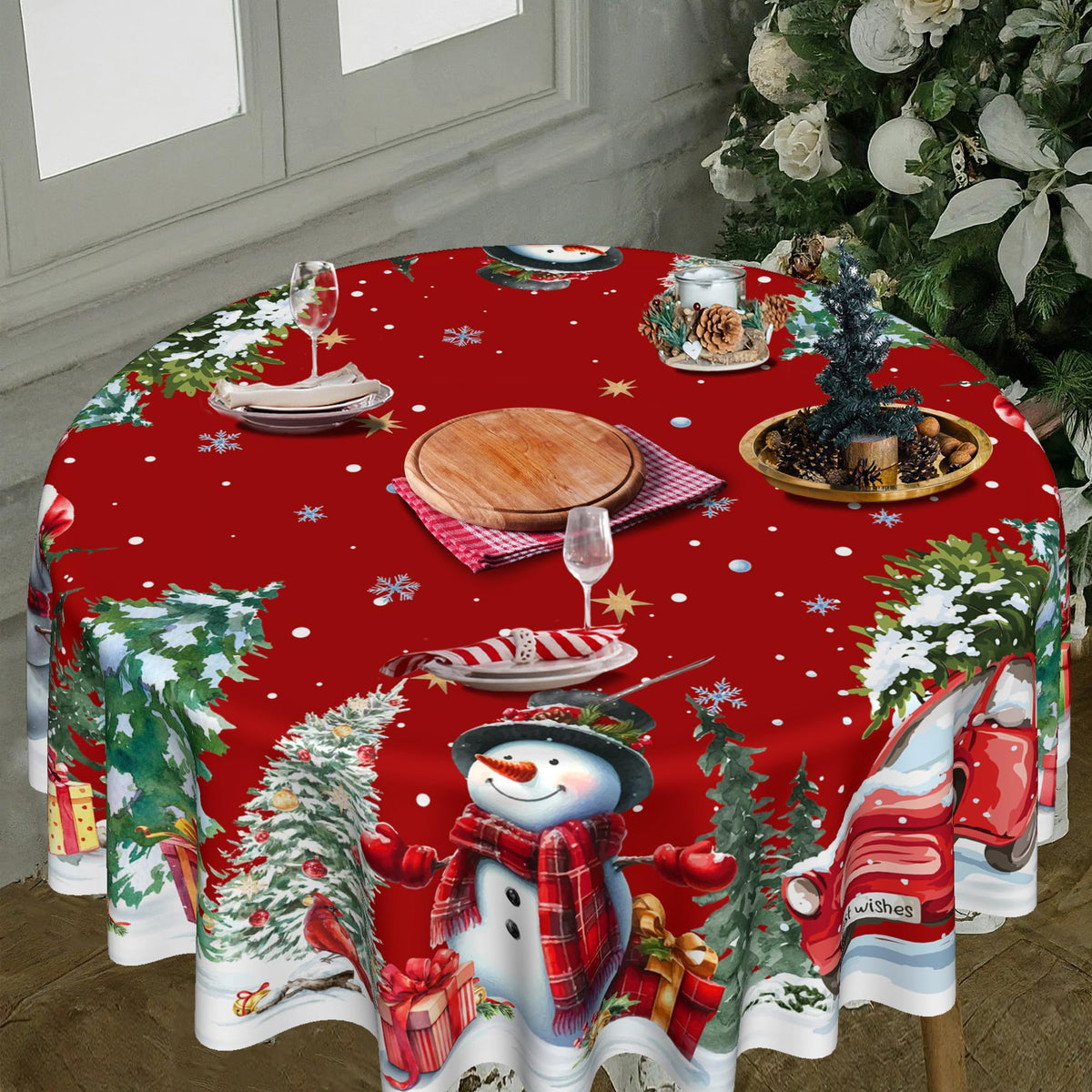 Christmas Round Tablecloth 60 Inch, Christmas Decorations for Home Snowmen Red Table Cloth for Round Festival, Xmas