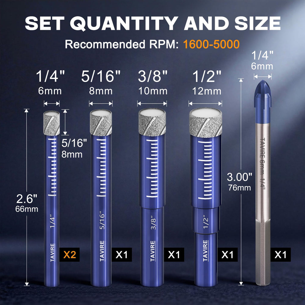 6 Pcs Dry Diamond Drill Bit Set for Tile,Ceramic,Glass,1/4",5/16",3/8",1/2"