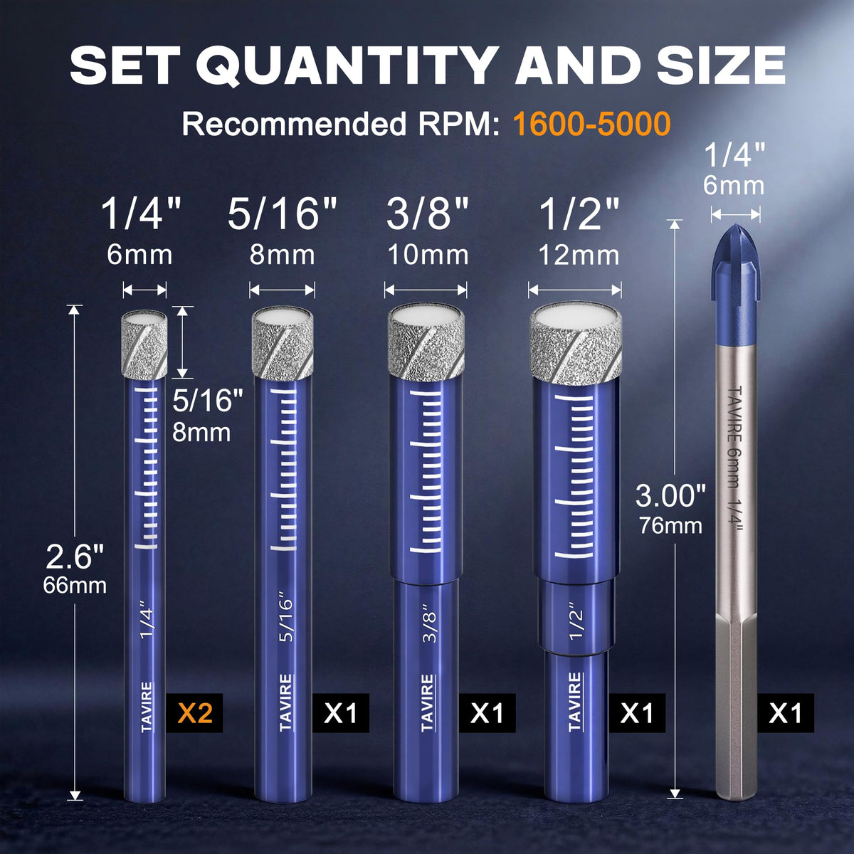 6 Pcs Dry Diamond Drill Bit Set for Tile,Ceramic,Glass,1/4",5/16",3/8",1/2"