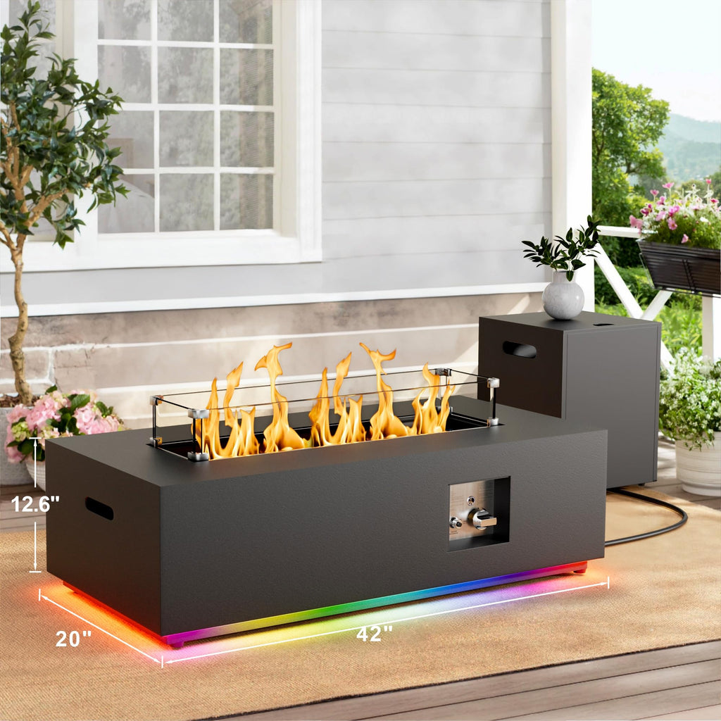 42" Rectangular Outdoor Propane Fire Pit Table with LED for Outside Patio