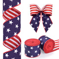 2 Rolls Patriotic Wired Edge Ribbon Stars and Stripes Reversible Ribbons Red White Blue Decorative Ribbon for 4th of
