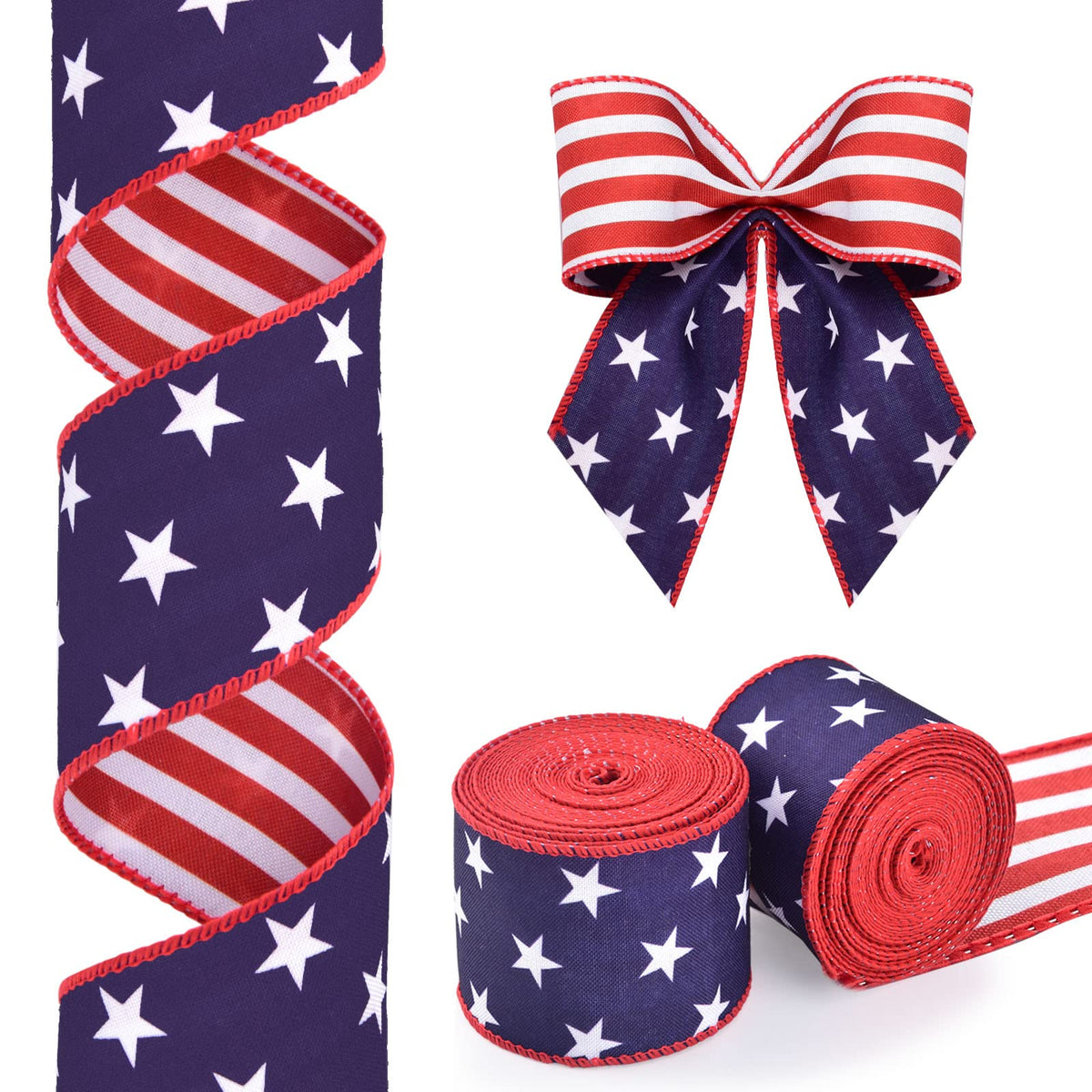 2 Rolls Patriotic Wired Edge Ribbon Stars and Stripes Reversible Ribbons Red White Blue Decorative Ribbon for 4th of
