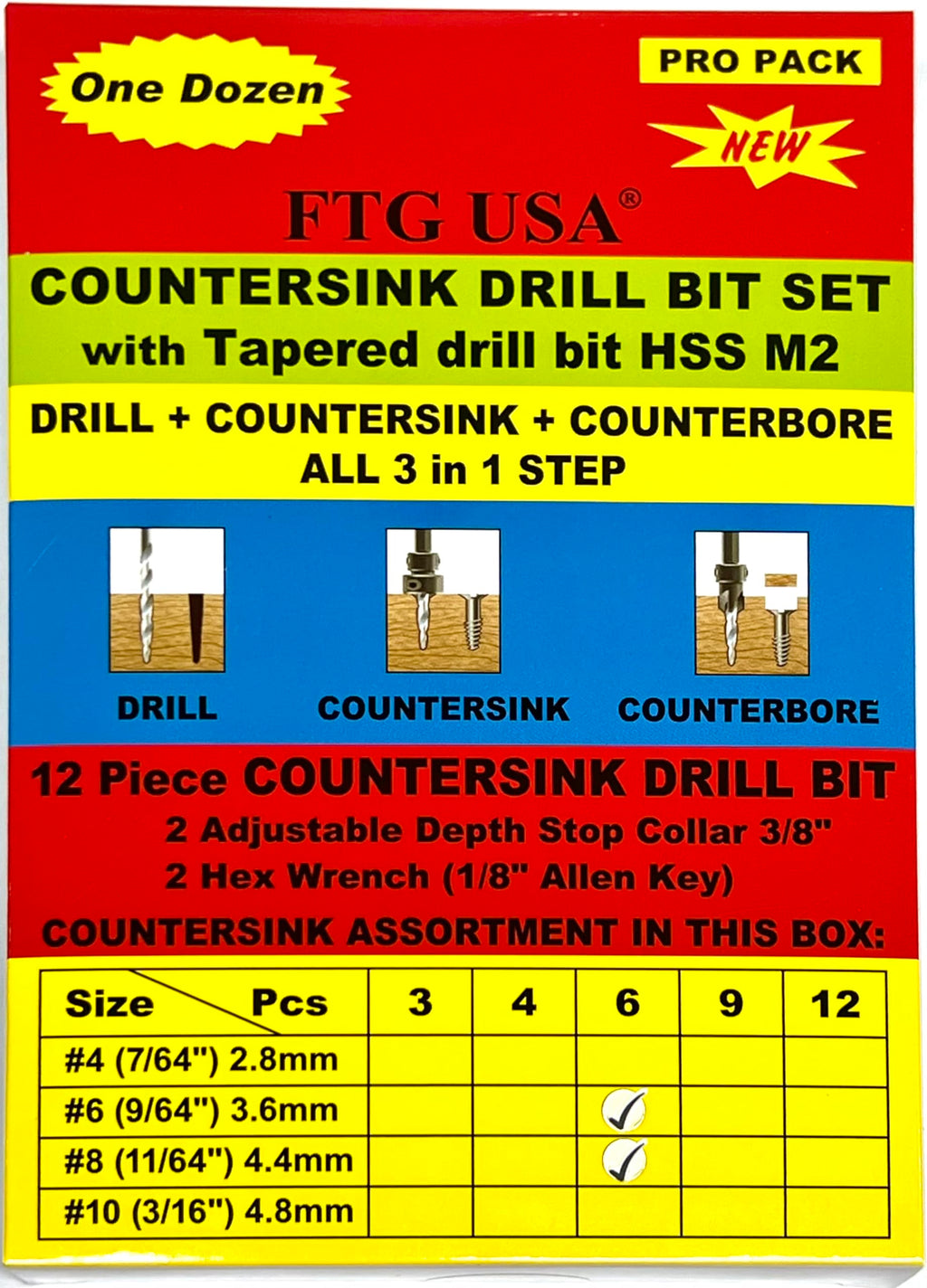 FTG USA 6 Pc #6 (9/64") 6 Pc #8 (11/64") Tapered Countersink Drill Bit Set