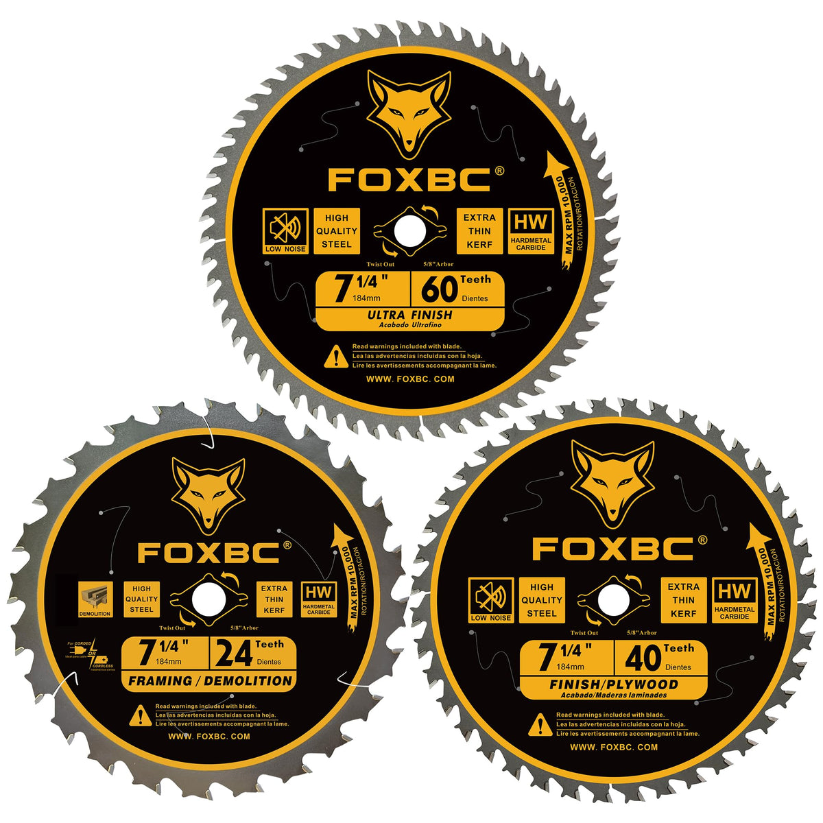 FOXBC 7-1/4 inch Circular Saw Blade 24T 40T 60 Tooth Combo Pack, Finish Wood Cutting with 5/8" Arbor, Diamond Knockout