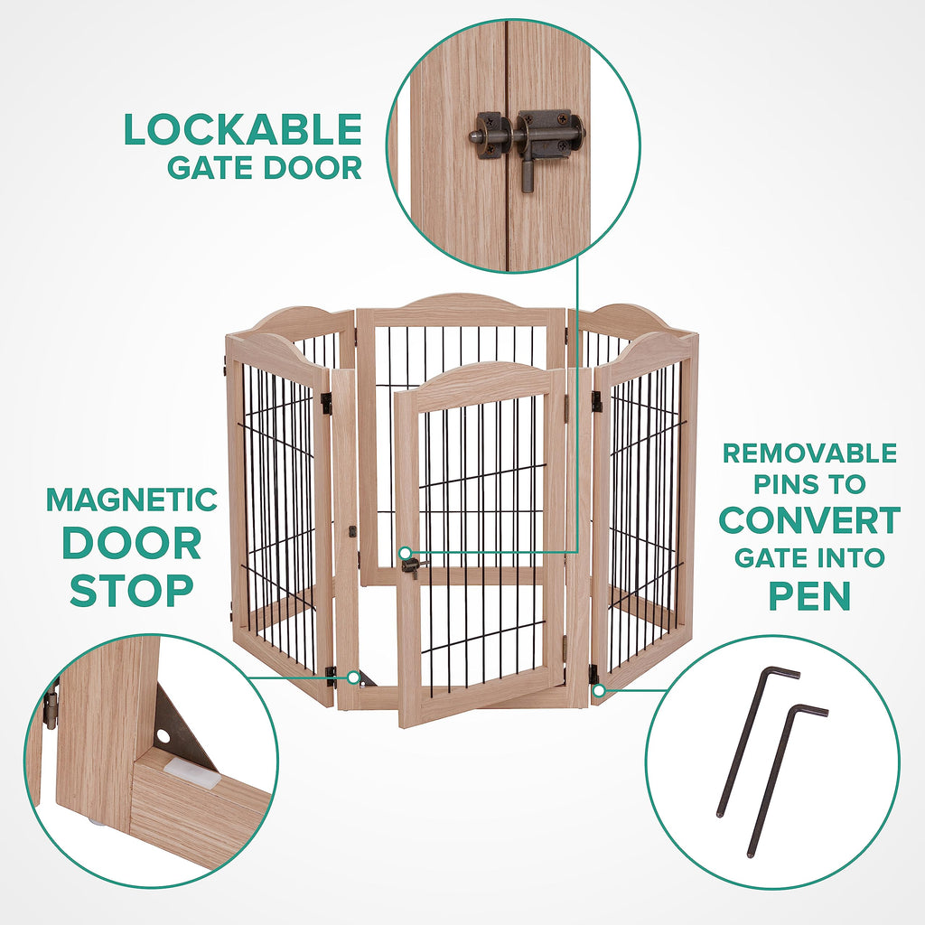 Freestanding Solid Wood 360° Configurable Pet & Dog Barrier Gate with Walk-Through Swing Door for Wide Indoor Openings, Hallways & Stairs