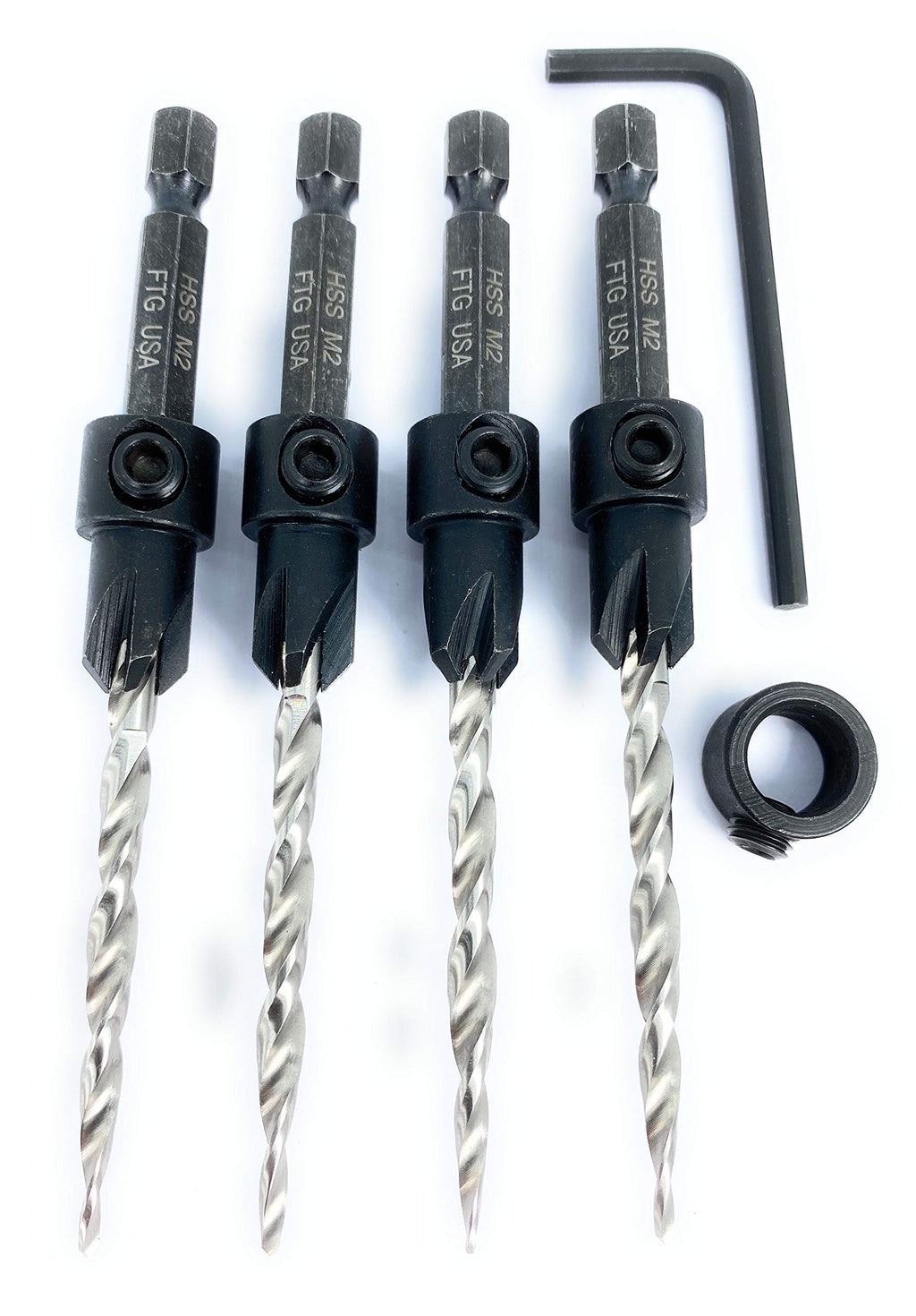 FTG USA 4 Pc #8 (11/64") Tapered Countersink Drill Bit Set with 1 Stop