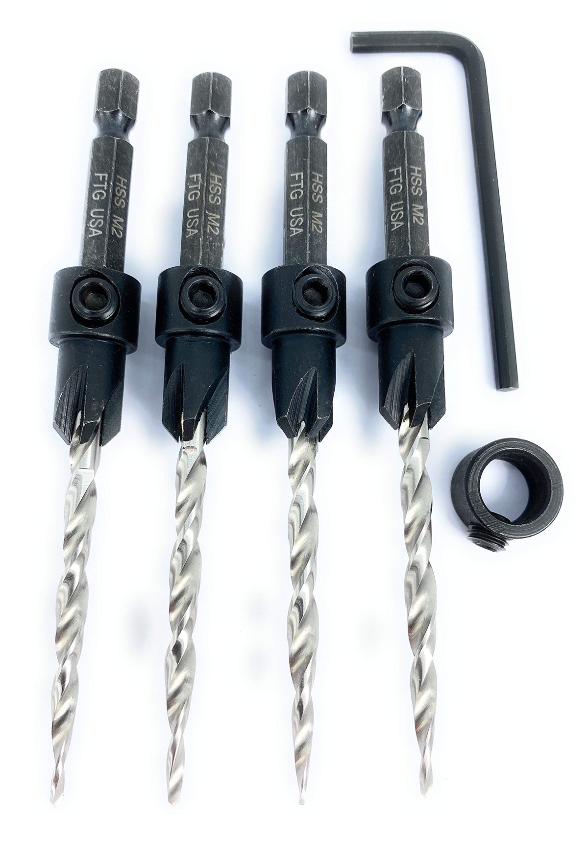 FTG USA 4 Pc #8 (11/64") Tapered Countersink Drill Bit Set with 1 Stop