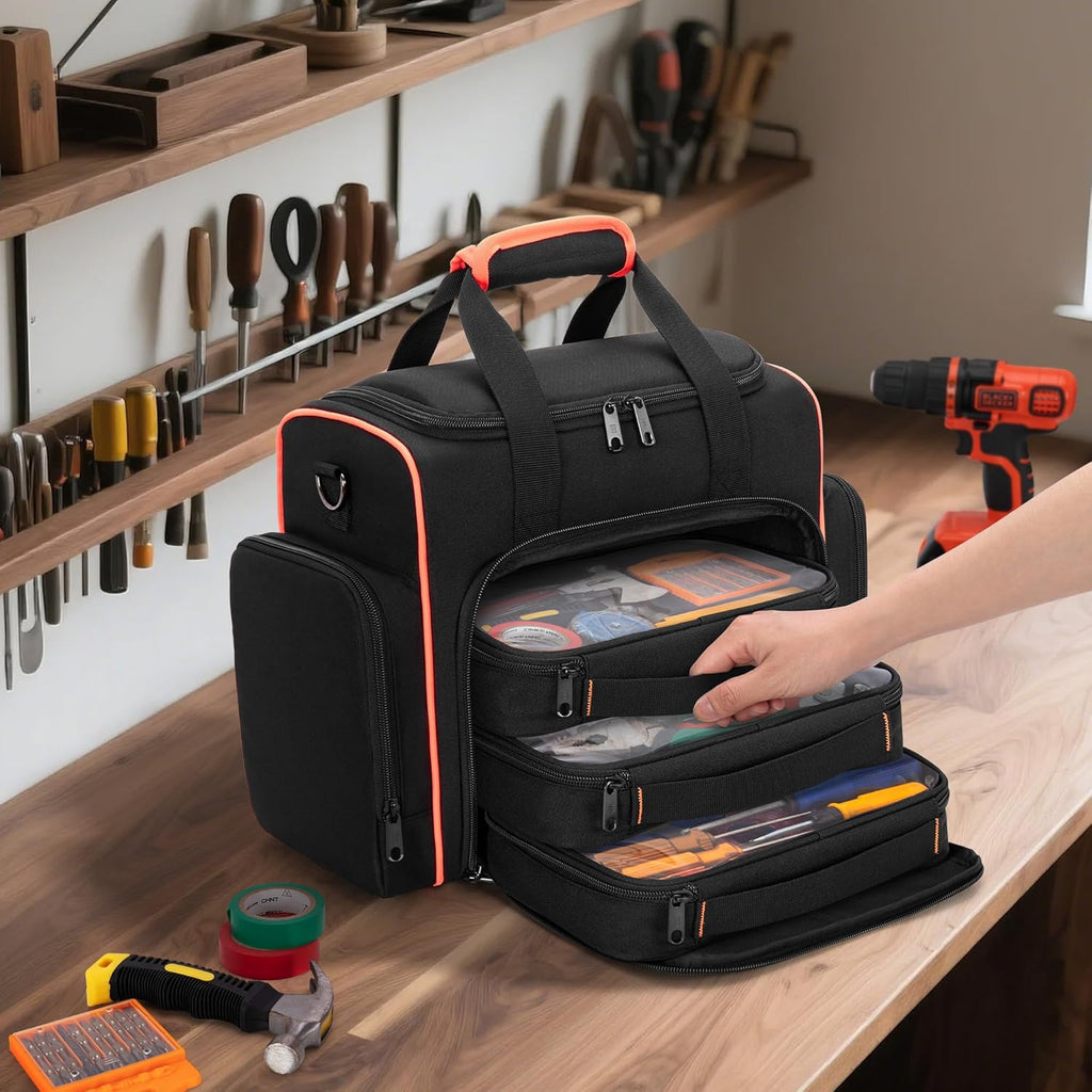 Tool Bag with 3 Removable Cases, 2 Layers Tool Tote for Hand Tools, Black with Red Binding