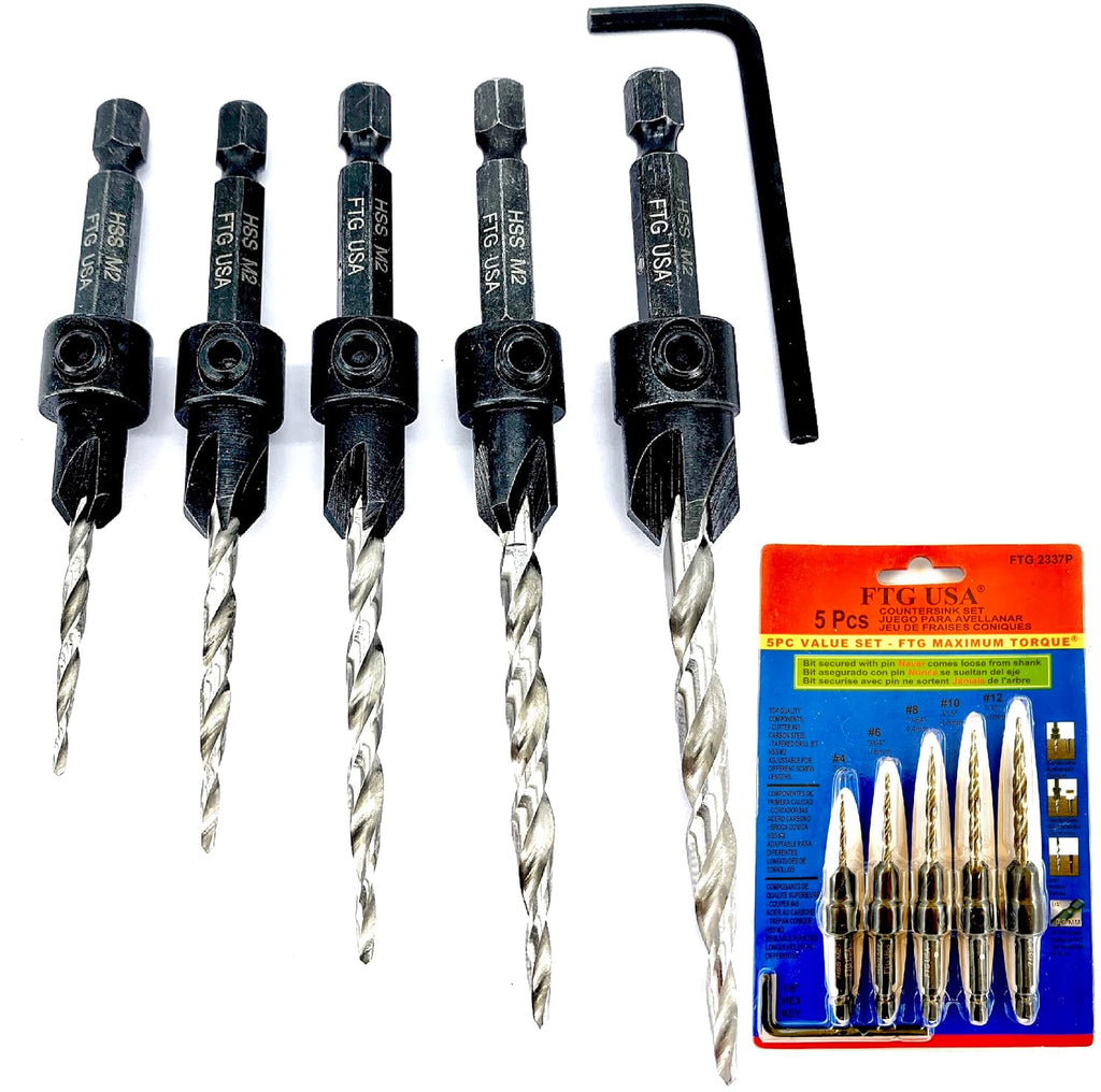 FTG USA Countersink Drill Bit Set 5 Pc Wood #4#6#8#10#12 Tapered Drill Bits